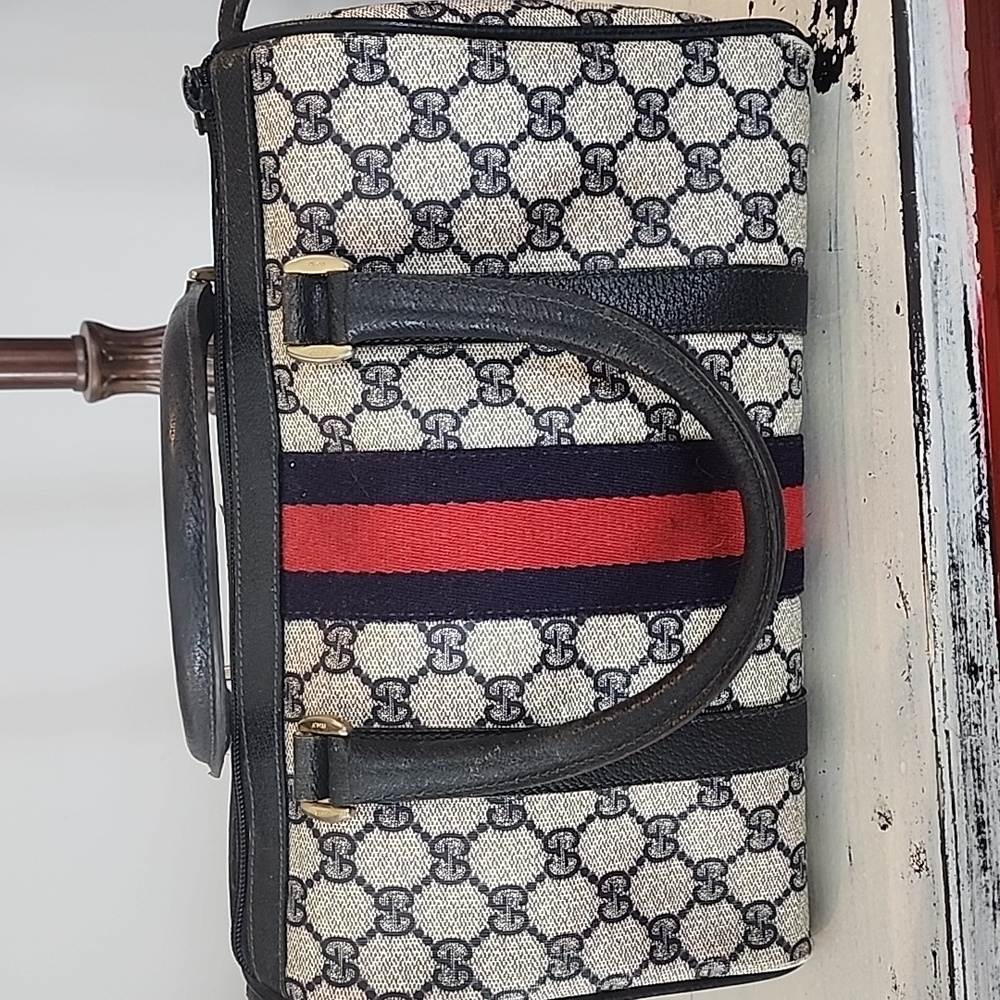 Gucci Cream and Navy Blue Satchel with Leather Trim